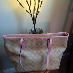 Coach Tan and Pink Monogram Tote Bag